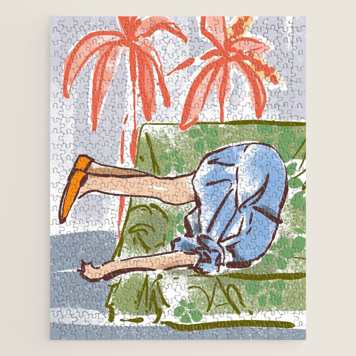 Exhausted woman in a blue dress Jigsaw Puzzle