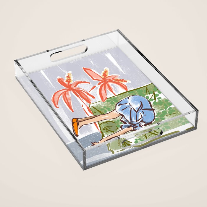 Exhausted woman in a blue dress Acrylic Tray Gallery Image 1