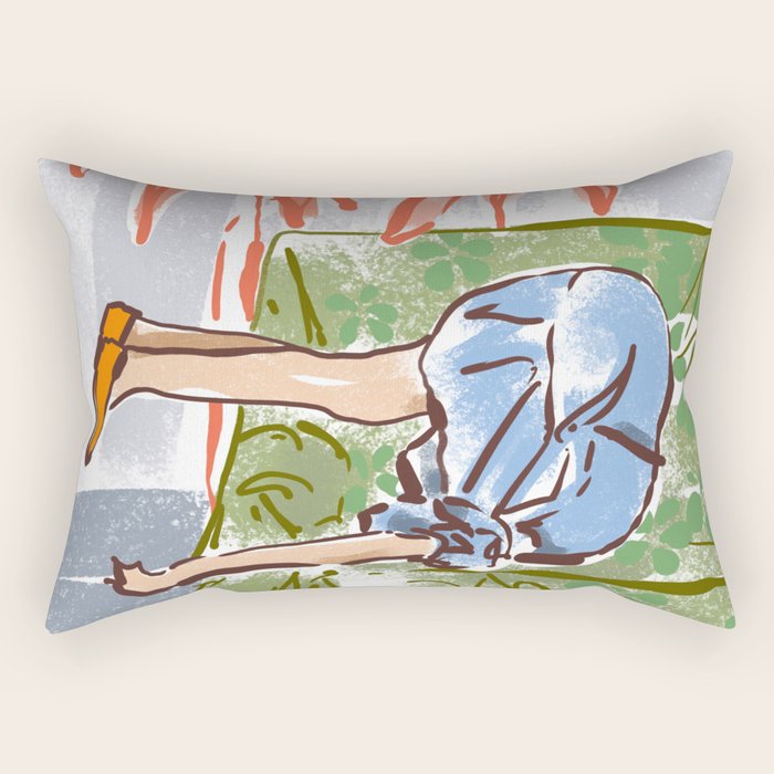 Exhausted woman in a blue dress Rectangular Pillow Gallery Image 2
