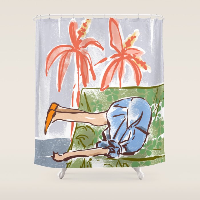Exhausted woman in a blue dress Shower Curtain Gallery Image 1