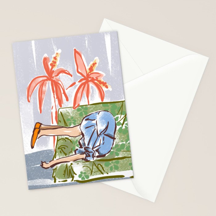 Exhausted woman in a blue dress Stationery Card Gallery Image 2