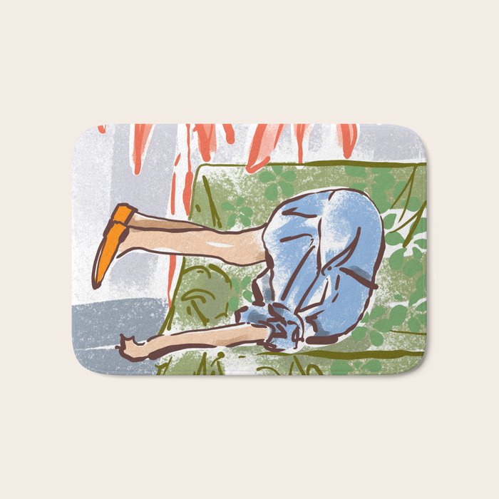 Exhausted woman in a blue dress Bath Mat Gallery Image 1