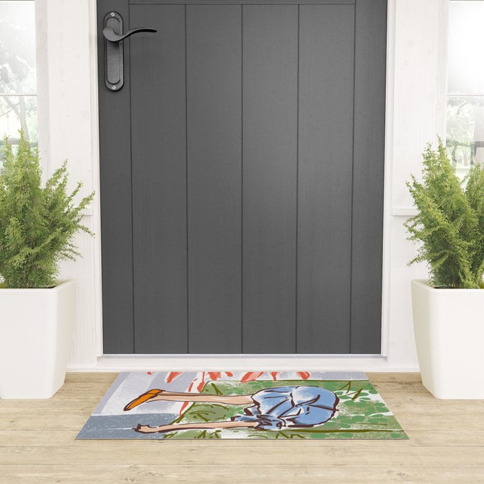 Exhausted woman in a blue dress Welcome Mat Gallery Image 3