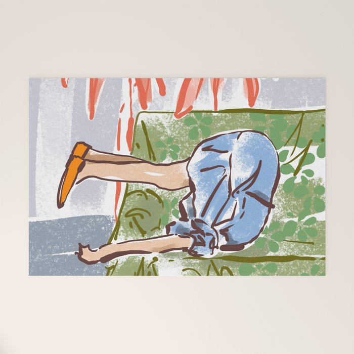 Exhausted woman in a blue dress Welcome Mat Gallery Image 1