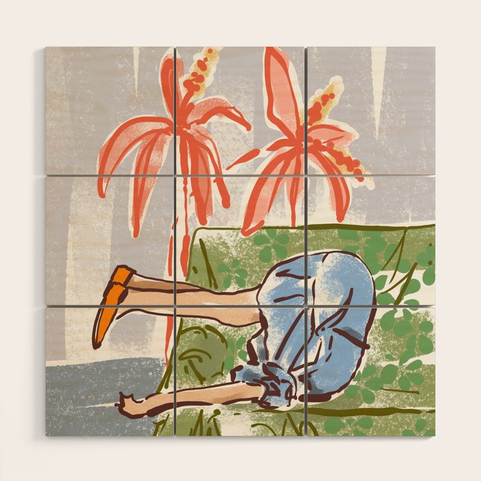 Exhausted woman in a blue dress Wood Wall Art Gallery Image 1