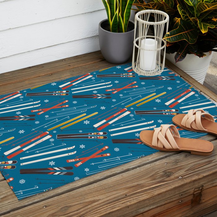 Nostalgic Winter Ski Scene Retro Holiday Pattern Outdoor Rug Gallery Image 2