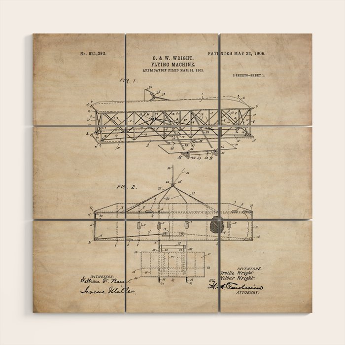 Wright Brother's Airplane Patent - Aviation History Art - Antique Wood Wall Art Gallery Image 1