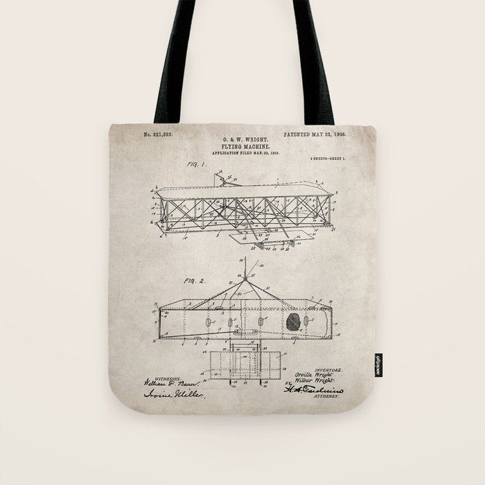 Wright Brother's Airplane Patent - Aviation History Art - Antique Tote Bag Gallery Image 1