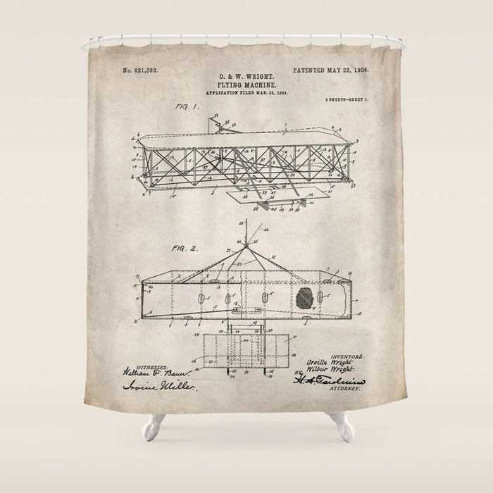 Wright Brother's Airplane Patent - Aviation History Art - Antique Shower Curtain Gallery Image 1
