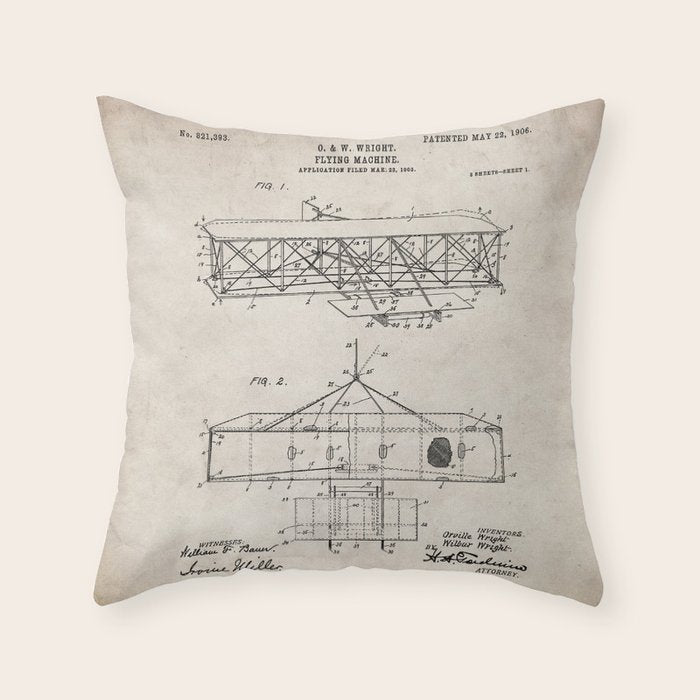 Wright Brother's Airplane Patent - Aviation History Art - Antique Throw Pillow Gallery Image 1