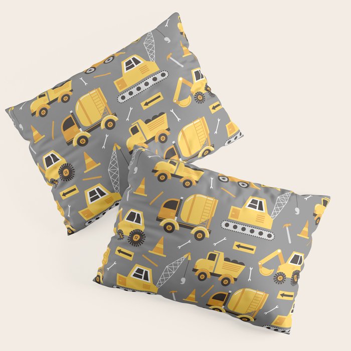 Construction Trucks on Gray Pillow Sham Gallery Image 1