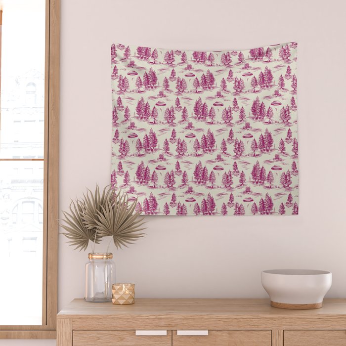 Magenta Alien Abduction Toile De Jouy Pattern Wall Tapestry Gallery Image 2