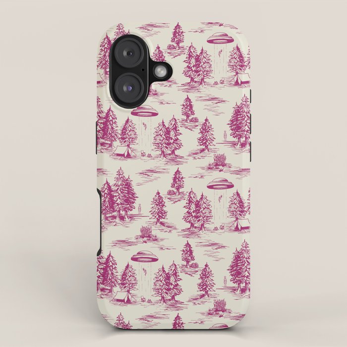 Magenta Alien Abduction Toile De Jouy Pattern iPhone Case Gallery Image 1