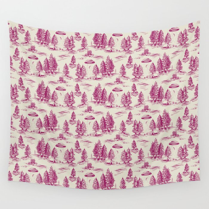 Magenta Alien Abduction Toile De Jouy Pattern Wall Tapestry Gallery Image 1
