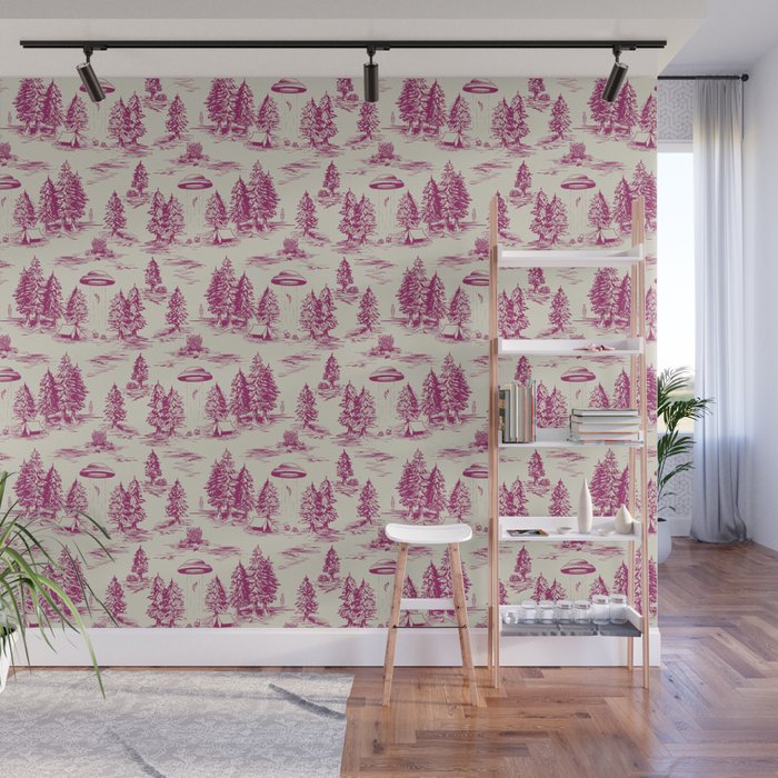 Magenta Alien Abduction Toile De Jouy Pattern Wall Mural Gallery Image 1