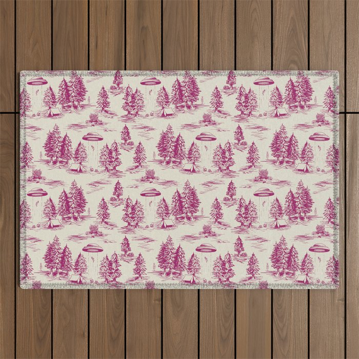 Magenta Alien Abduction Toile De Jouy Pattern Outdoor Rug Gallery Image 1