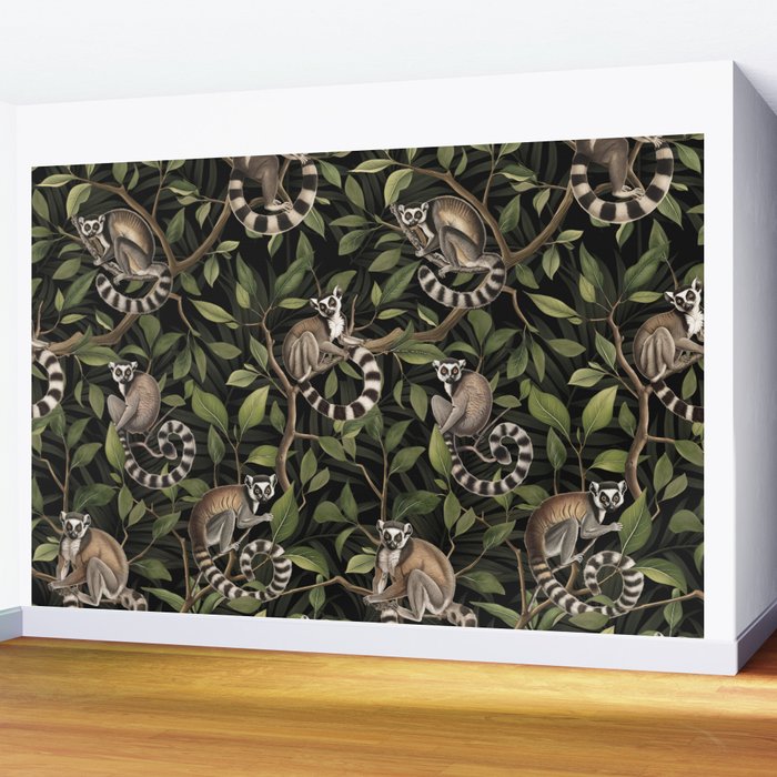 Lush Tropical Lemur Monkey Paradise Black Wall Mural Gallery Image 2