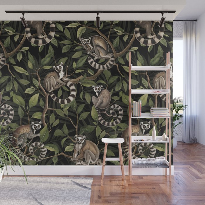 Lush Tropical Lemur Monkey Paradise Black Wall Mural Gallery Image 1
