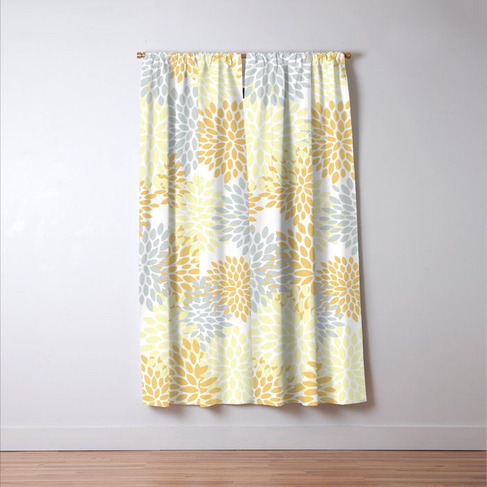 Floral Blooms, Yellow, Gray and White Window Curtain Gallery Image 3