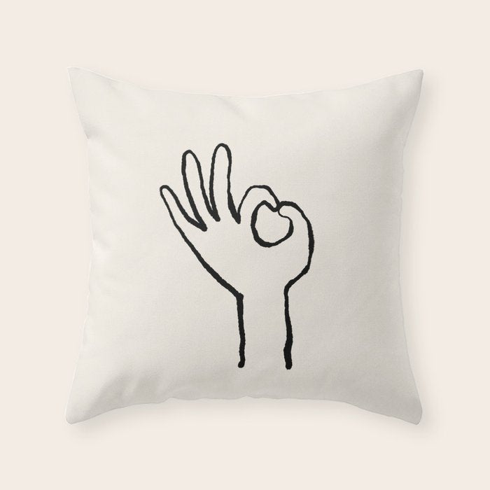 OK sign hand black and white hand drawing Throw Pillow Gallery Image 6
