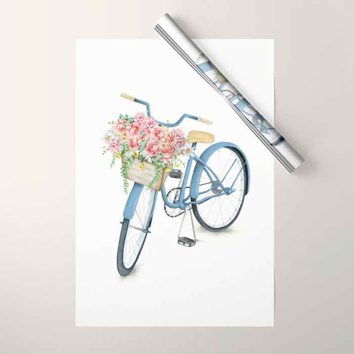 Blue Bicycle with Flowers in Basket Wrapping Paper Gallery Image 1