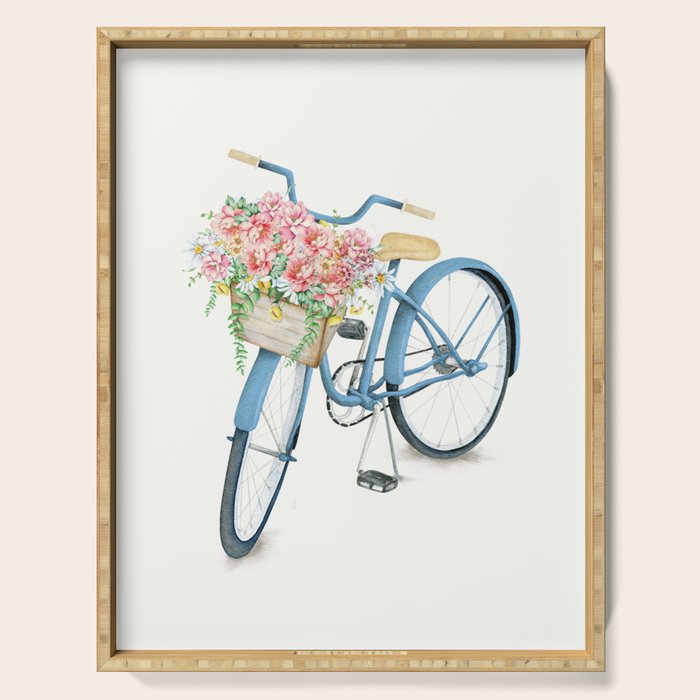 Blue Bicycle with Flowers in Basket Serving Tray Gallery Image 1