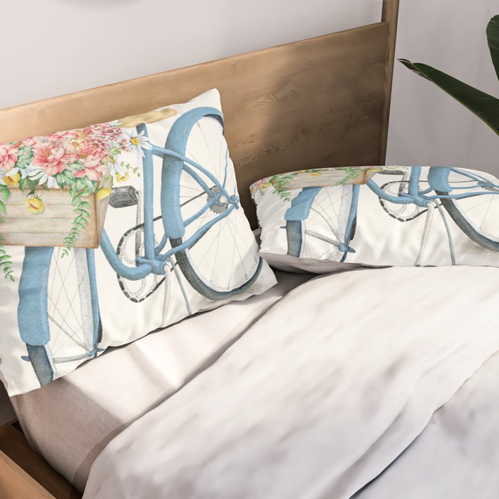 Blue Bicycle with Flowers in Basket Pillow Sham Gallery Image 2