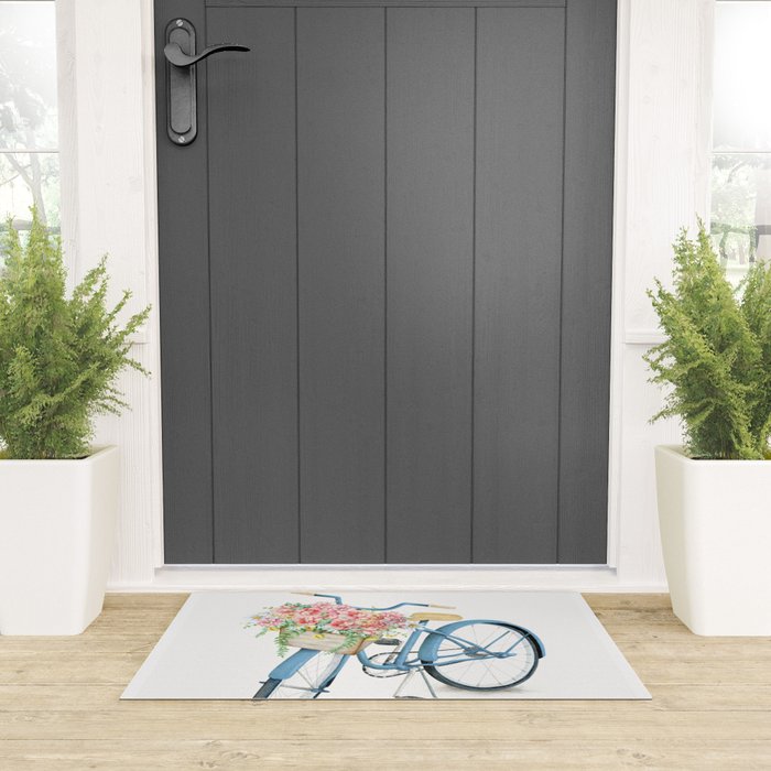 Blue Bicycle with Flowers in Basket Welcome Mat Gallery Image 3