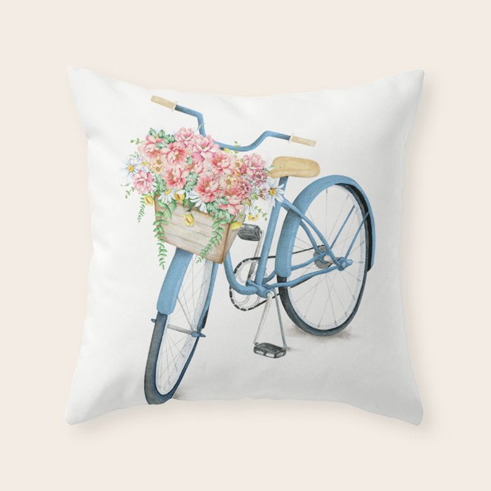 Blue Bicycle with Flowers in Basket Throw Pillow Gallery Image 6