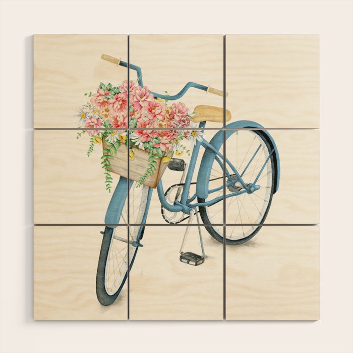 Blue Bicycle with Flowers in Basket Wood Wall Art Gallery Image 1