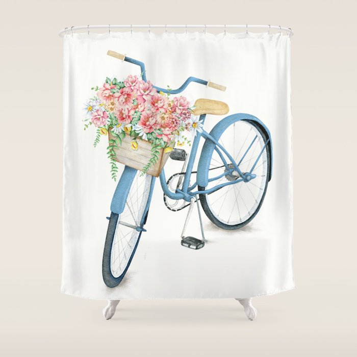 Blue Bicycle with Flowers in Basket Shower Curtain Gallery Image 1