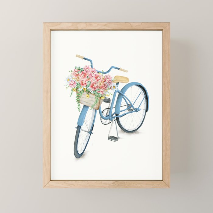 Blue Bicycle with Flowers in Basket Mini Art Print Gallery Image 1