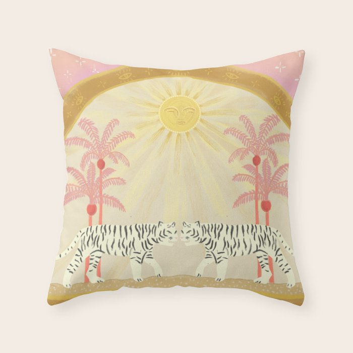 Pink Palm Tree Tigers Throw Pillow Gallery Image 1