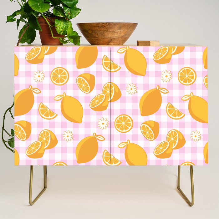 Lemons on Pastel Baby Pink Gingham Credenza Gallery Image 1