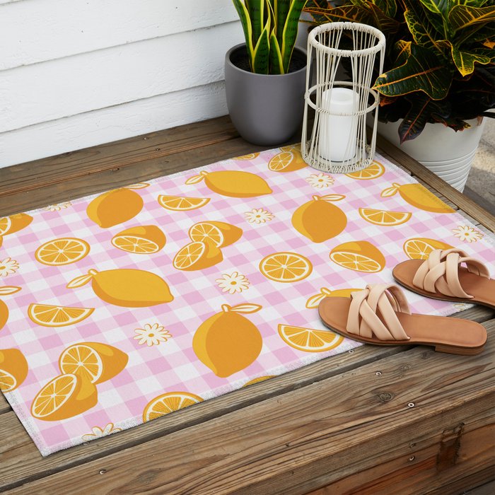 Lemons on Pastel Baby Pink Gingham Outdoor Rug Gallery Image 2