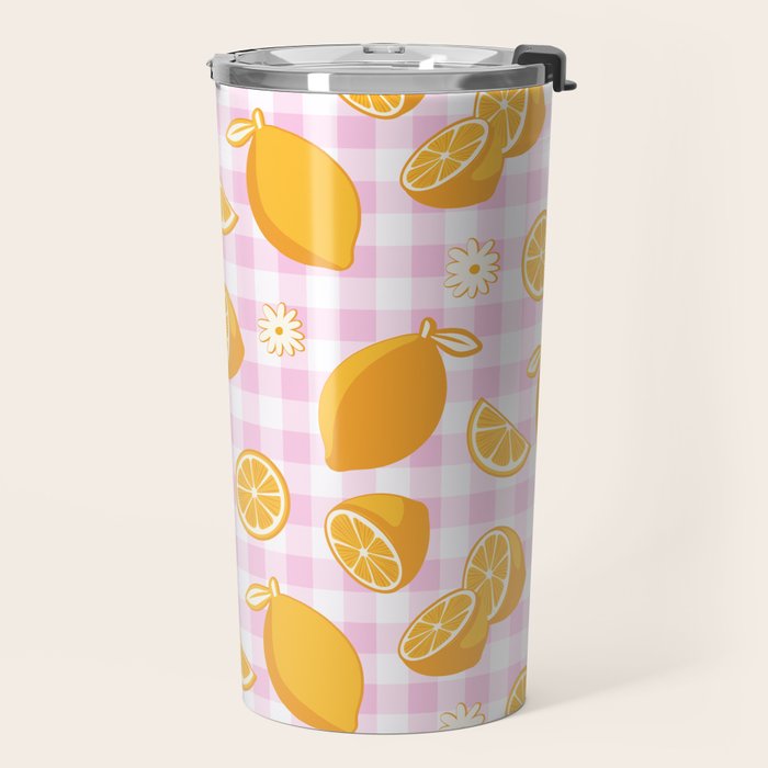 Lemons on Pastel Baby Pink Gingham Travel Mug Gallery Image 2
