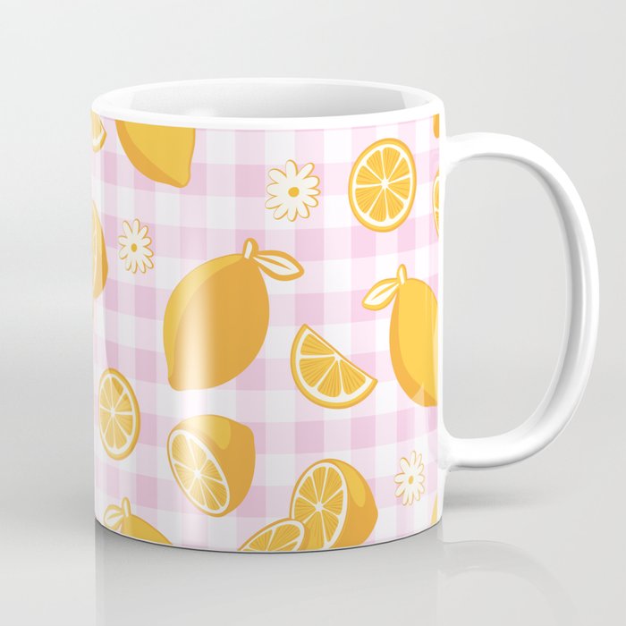 Lemons on Pastel Baby Pink Gingham Coffee Mug Gallery Image 1