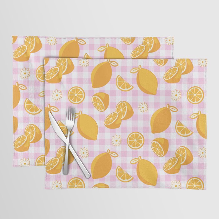 Lemons on Pastel Baby Pink Gingham Placemat Gallery Image 1