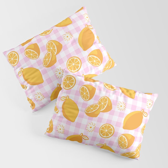 Lemons on Pastel Baby Pink Gingham Pillow Sham Gallery Image 3
