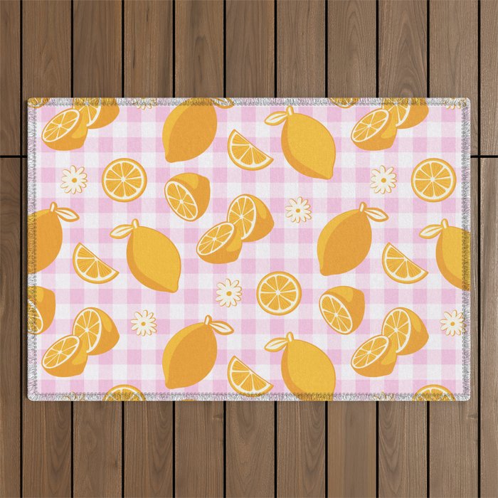 Lemons on Pastel Baby Pink Gingham Outdoor Rug Gallery Image 1