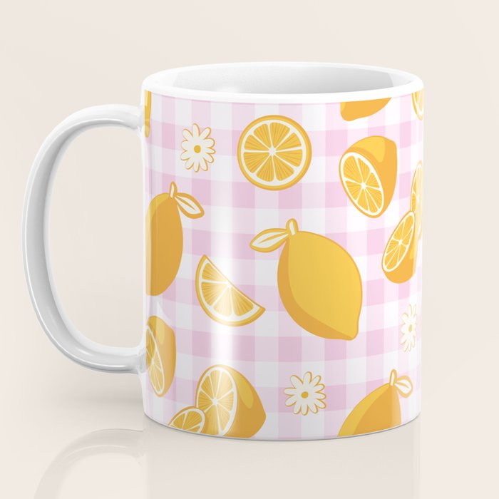 Lemons on Pastel Baby Pink Gingham Coffee Mug Gallery Image 3