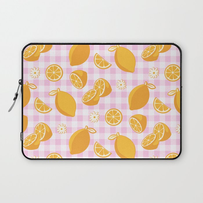 Lemons on Pastel Baby Pink Gingham Laptop Sleeve Gallery Image 1