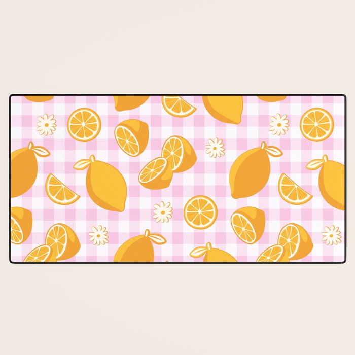 Lemons on Pastel Baby Pink Gingham Desk Mat Gallery Image 3