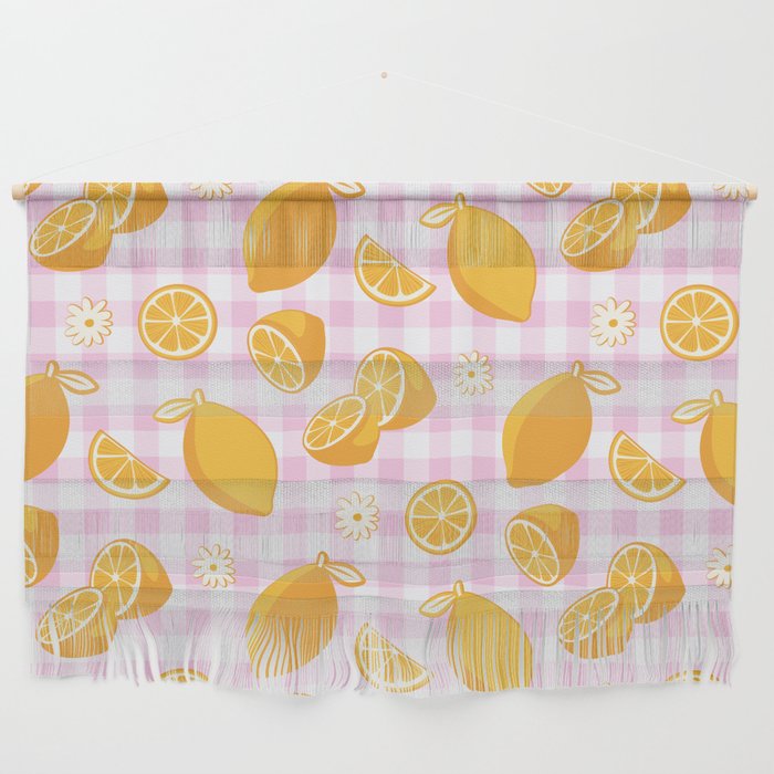 Lemons on Pastel Baby Pink Gingham Wall Hanging Gallery Image 1
