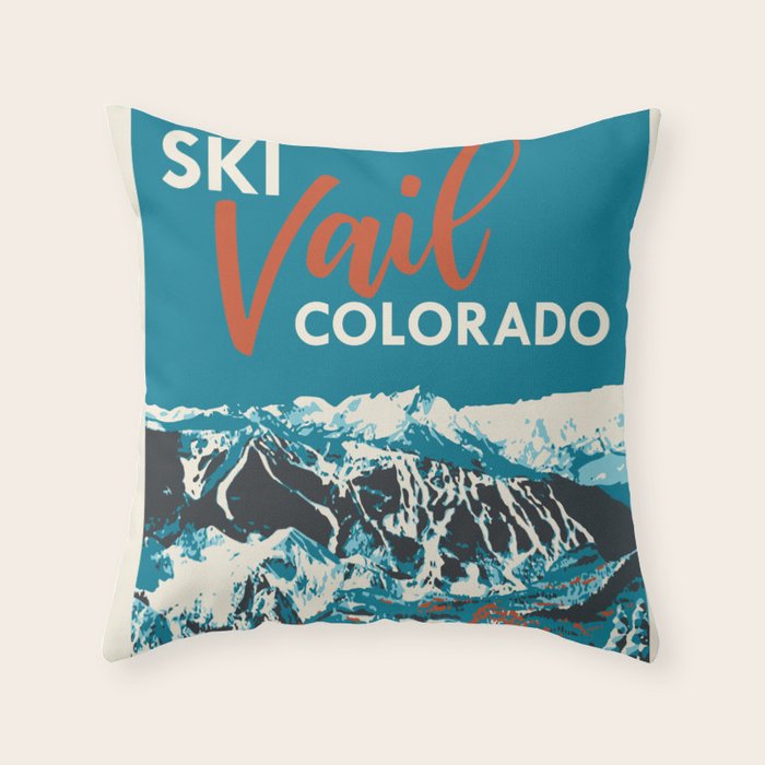 Ski Vail Colorado, vintage poster Throw Pillow Gallery Image 1
