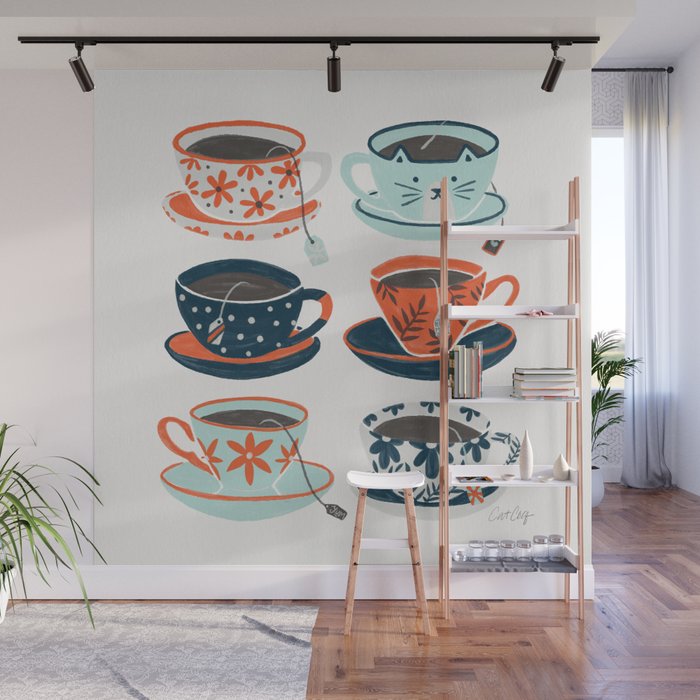 Tea Time - Coral & Teal Wall Mural Gallery Image 1