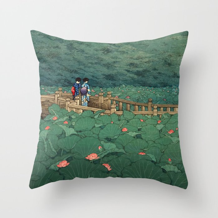 The Pond at Benten Shrine in Shiba Hasui Kawase Throw Pillow Gallery Image 6