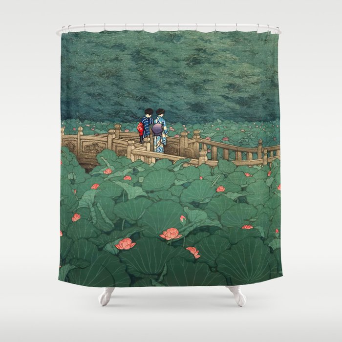 The Pond at Benten Shrine in Shiba Hasui Kawase Shower Curtain Gallery Image 1