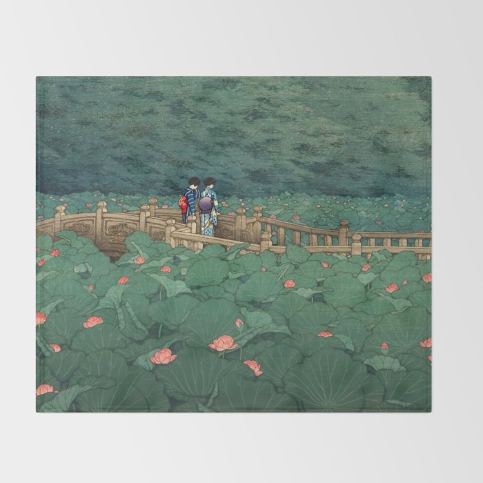The Pond at Benten Shrine in Shiba Hasui Kawase Throw Blanket Gallery Image 2