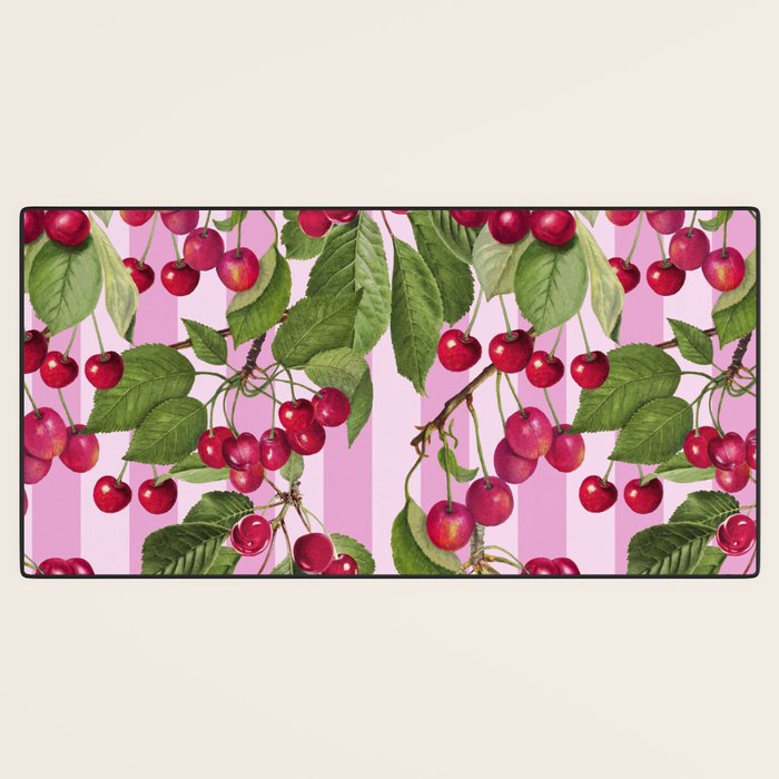 Lush Cherry Orchard Sweet Summer Fruits On Pink Stripes Desk Mat Gallery Image 3